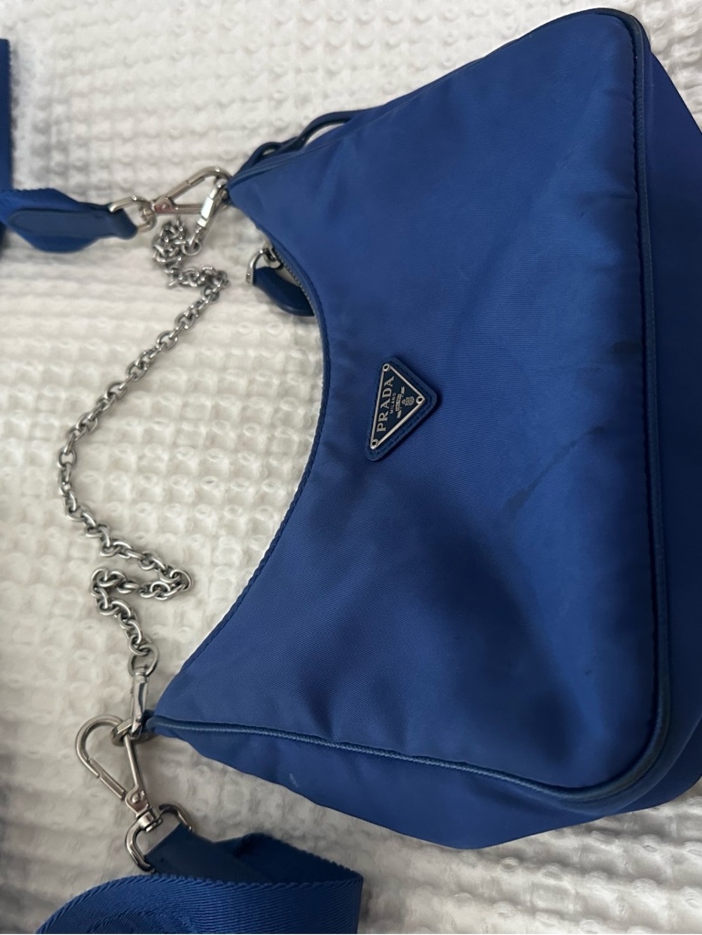 Prada Cobalt Nylon Shoulder Bag with Silver Chain